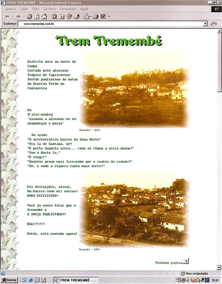 Página inaugural do site Tremembé na Linha, em Setembro de 1998.