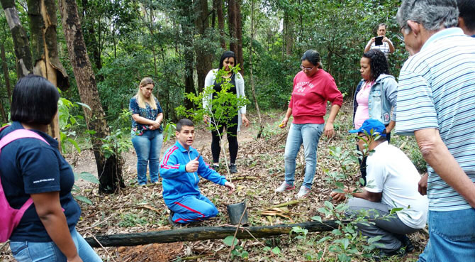 O biólogo e sargento PM Ferrão orienta os voluntários no plantio.